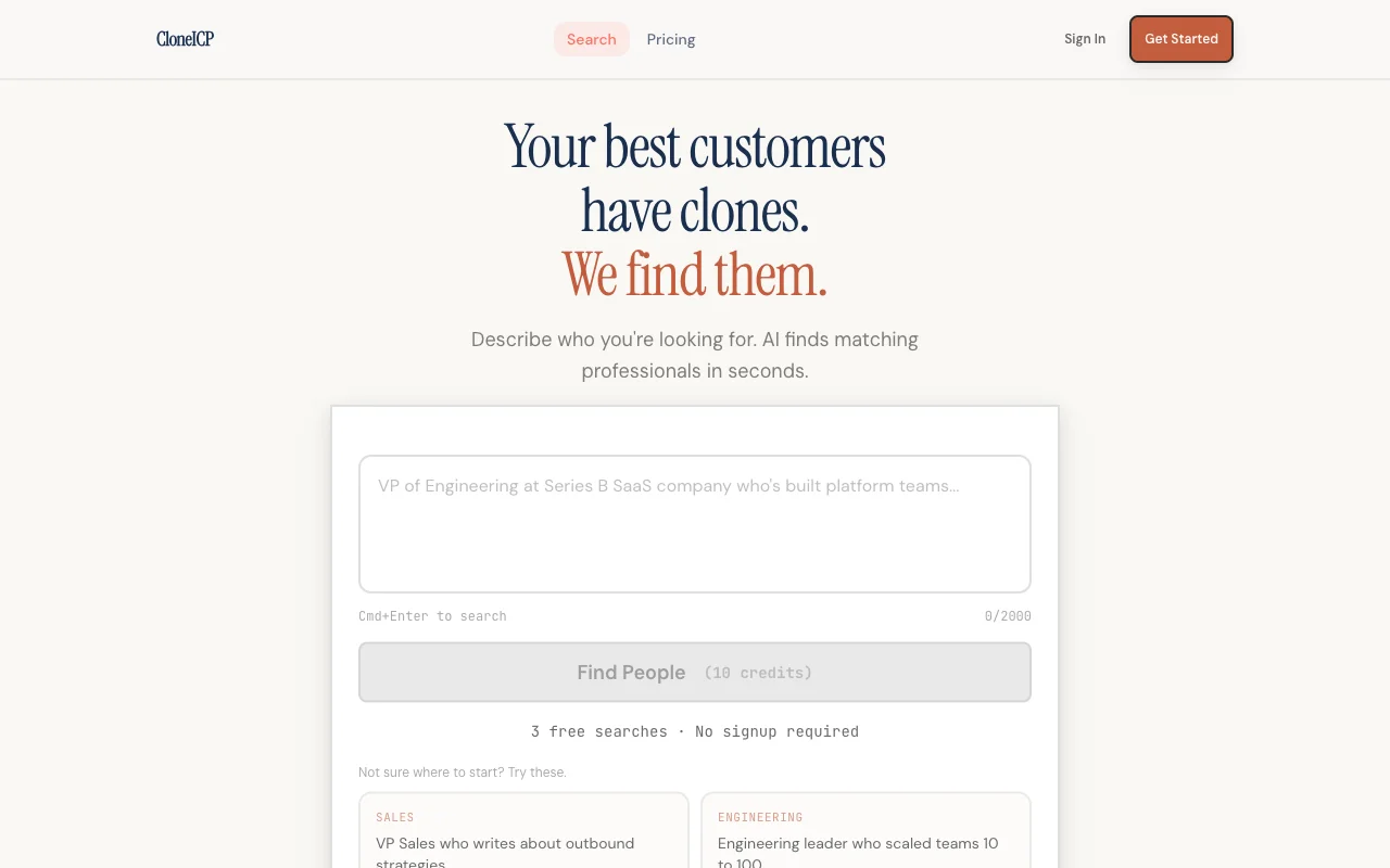 CloneICP homepage showing semantic people search interface