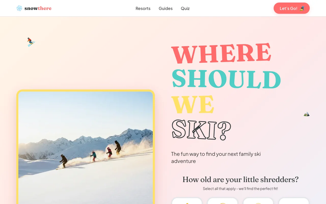 SnowThere homepage showing family ski resort guides